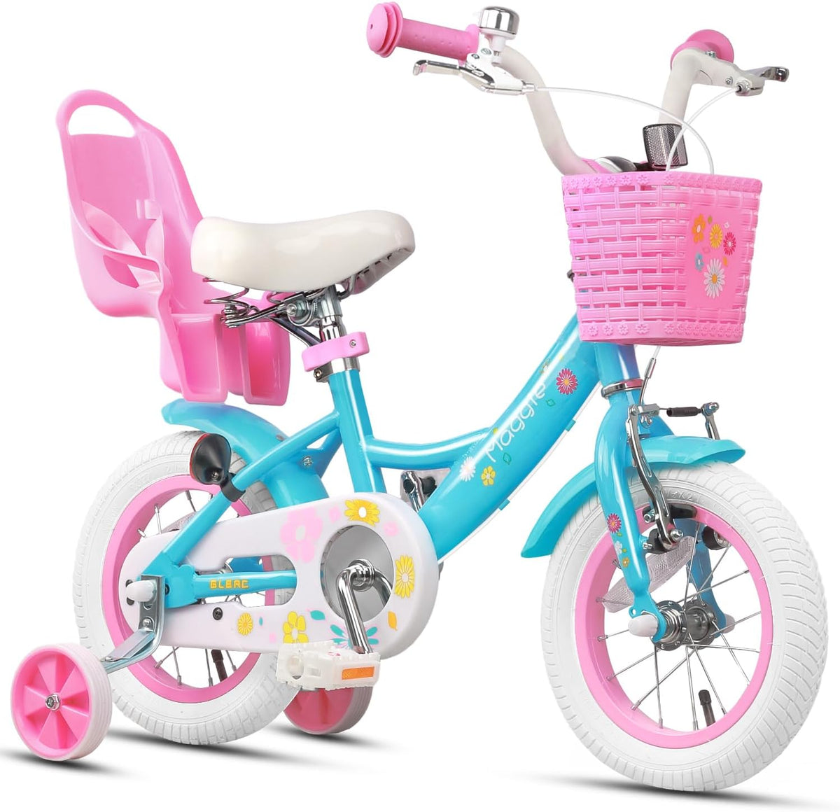 Glerc Bicicleta, Maggie Kids - Bicicleta rosa con cesta para niños de 2 a 7 años, 12, 14, 16 pulgadas con campana y ruedas de entrenamiento