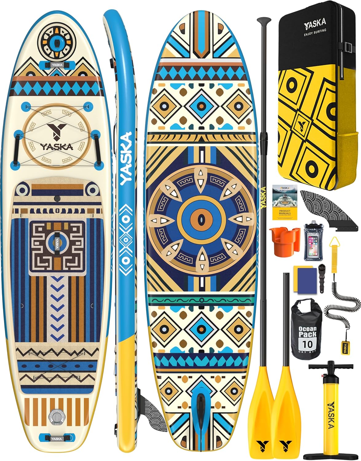 YASKA Tablas hinchabl, Tabla Paddle Surf Hinchable, Stand Up Paddle Board Surf con Accesorios Remo, Bomba, Correa, Aleta para 2 Personas Familia