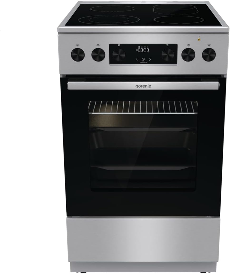 Gorenje Placa de cocina, GECS5C70XPA - Estufa eléctrica de pie con vitrocerámica, 50 cm, 70 litros, GentleClose, calentamiento rápido, AirFry