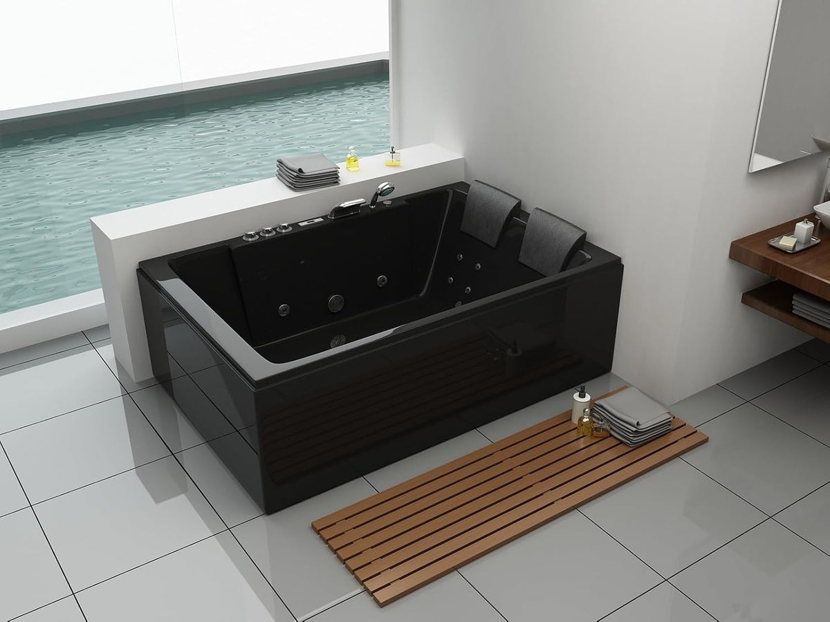 Hidromasaje Torino - Bañera de hidromasaje 180 x 120 cm, color negro, 2 personas, 14 chorros de agua, 8 chorros de aire, calefacción, LED, Bluetooth