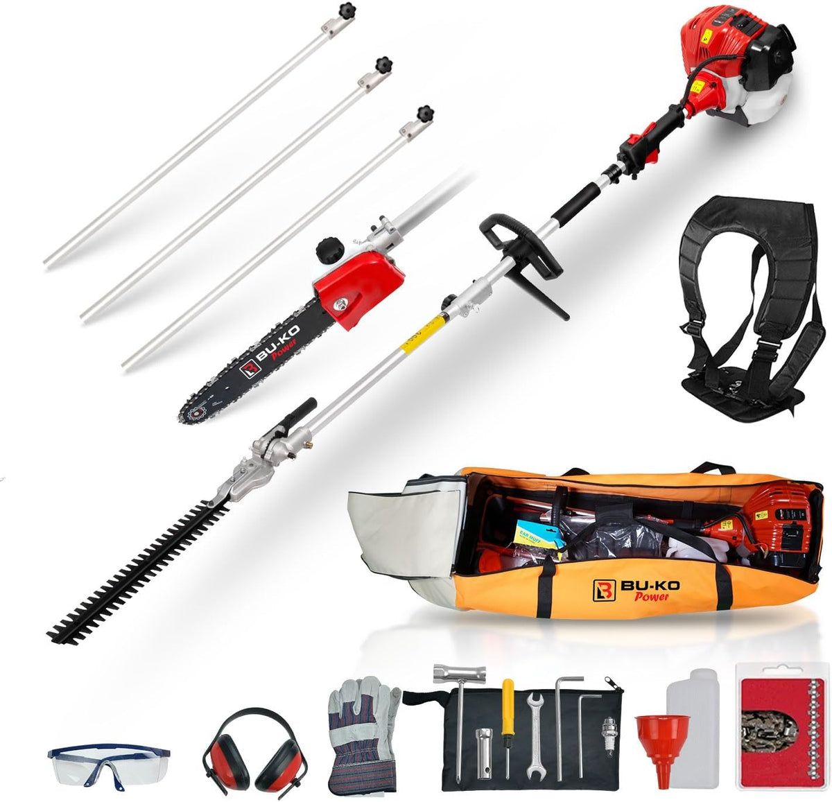 Cortaseto BU-KO, 52cc Cortasetos de Gasolina de Largo Alcance de y Sierra de podar con Barra de extensión de 3X 75cm y Bolsa de Herramientas para un