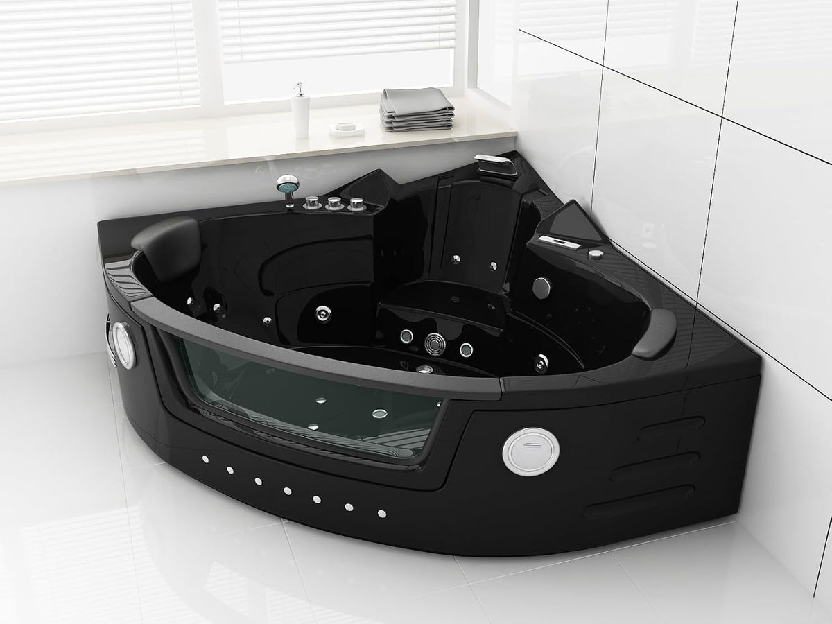 Hidromasaje Whirlpool Milano de lujo, 152 x 152 cm, color negro, bañera calefactable para 2 personas con 14 chorros de agua, 16 chorros de aire, luz