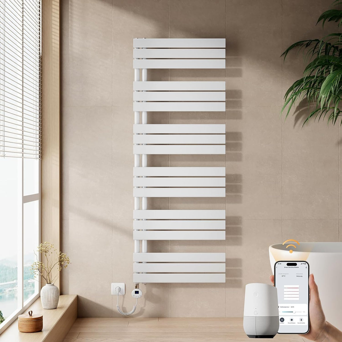 Calientatoalla Toallero electrico baño con WiFi Termostato, 1599x600mm, 1000W, Blanco, EMKE