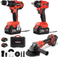 Llaves de impacto TEENO, Kit 3 Herramientas 20V Llave de Impacto Inalámbrica sin Escobillas, Taladro Percutor, Amoladora Angular sin Escobillas