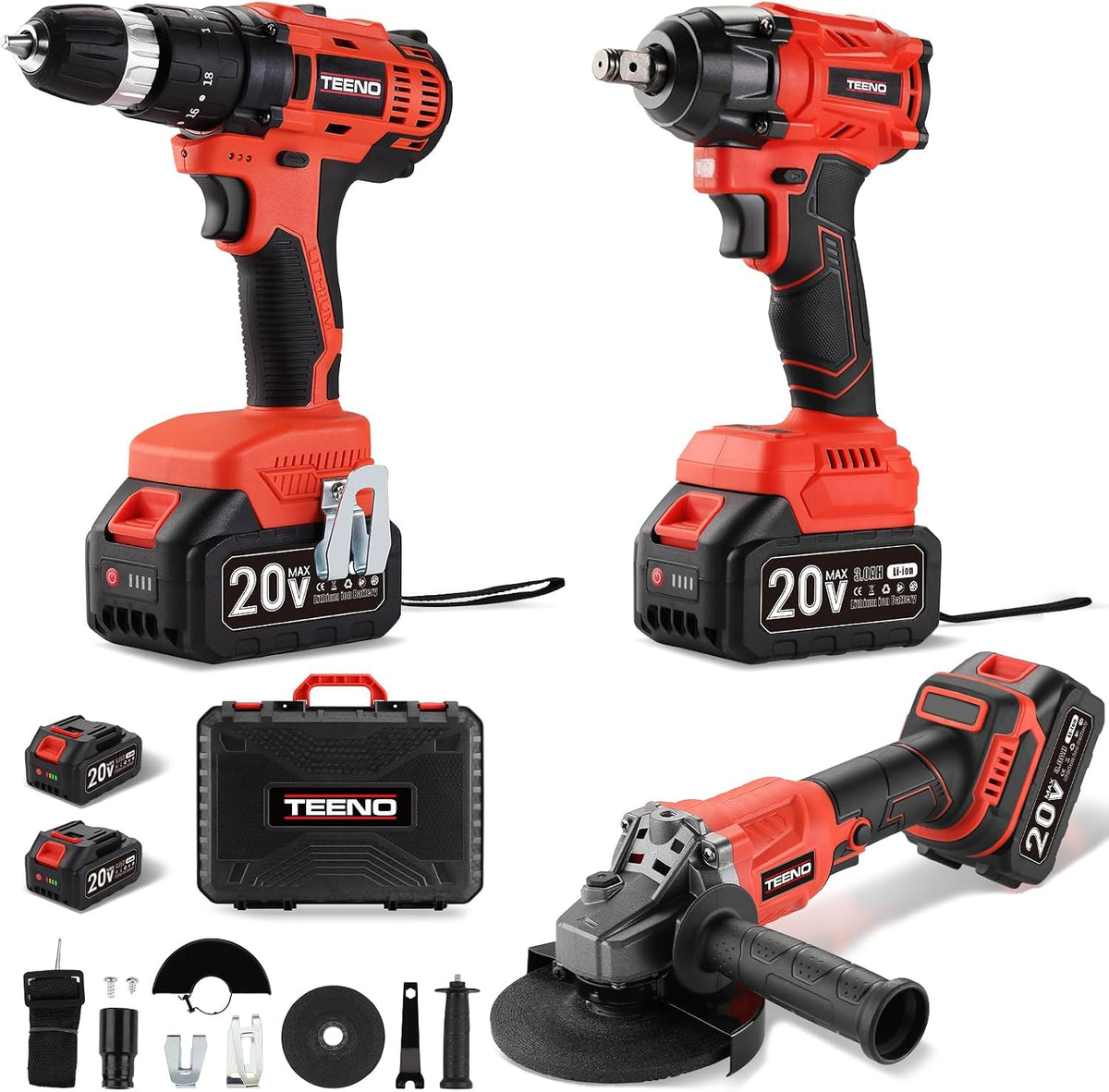 Llaves de impacto TEENO, Kit 3 Herramientas 20V Llave de Impacto Inalámbrica sin Escobillas, Taladro Percutor, Amoladora Angular sin Escobillas