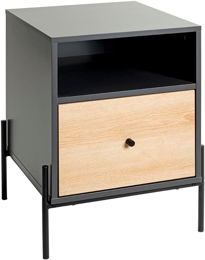 Auxiliar HAKU, Mesa Consola Antracita y Roble y Negro, Consola Estrecha Antracita de Forma Rectangular, de Metal y MDF, con cajón Medidas: An 45 cm x