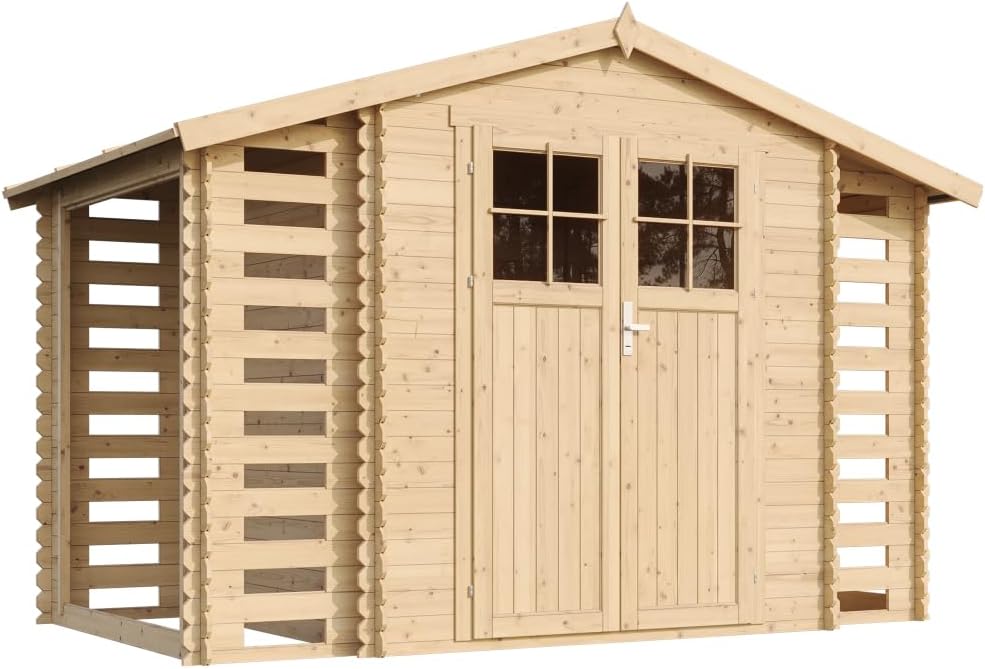 TIMBELA M391F Cobertizos de almacenamiento, +M391G Caseta de Madera para jardín con 2 leñeras - caseta de Pino/Abeto - H218 x 328 x 206 cm / 3, 53 + 0