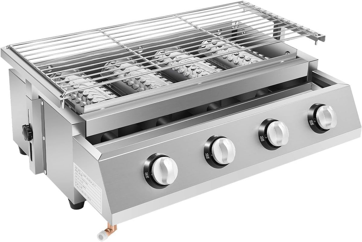 SUONTY Parrilla, Barbacoa de gas de 4 quemadores de acero inoxidable para camping, balcón, jardín, color plateado.