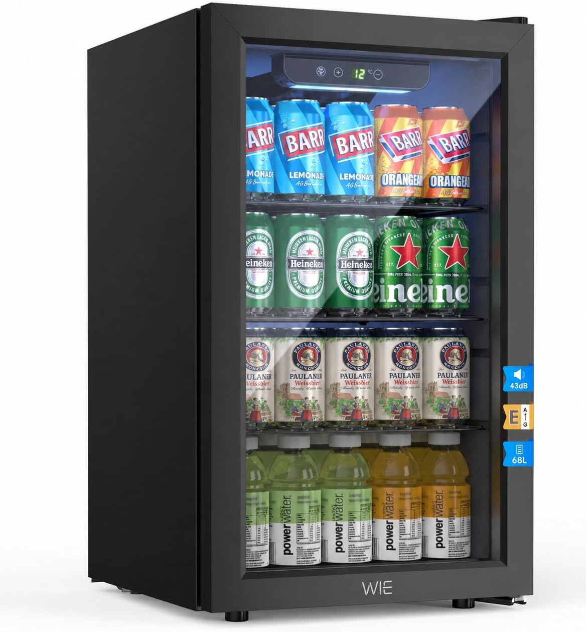 WIE Mini frigorífico, Nevera Pequeña con Puerta de Cristal, Mini Nevera 68L, 90 Latas o 24 Botellas de Vino, 3-16°C Control Táctil LED, Frigorificos