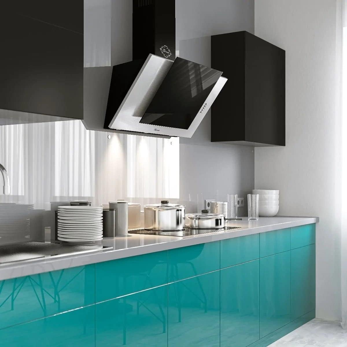 Gurari Campana extractora, GCH S 482 90 IS - Campana extractora de pared 90 cm, acero inoxidable, cristal negro, 1000 m³/h, incl. filtro de carbón
