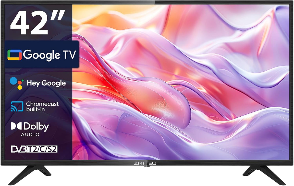 Antteq HDR10 Televisor, G42 Fernseher 42 Zoll Smart TV Full HD mit Bluetooth, Google Assistant, Triple-Tuner DVB-T/DVB-T2/DVB-C/S2, H.265/HEVC, App