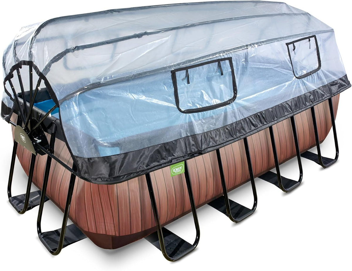 Piscinas desmontabl EXIT, Toys Wood Pool con Cubierta Multifuncional - 400x200x122cm - Piscina de Marco Rectangular con Bomba de Filtro de Arena y
