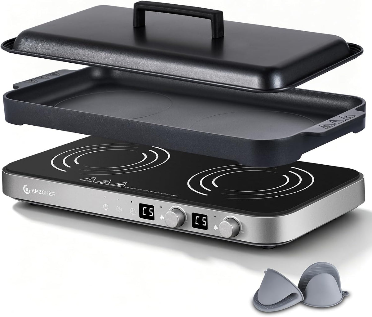AMZCHEF Placa de cocina, 3000W Placa de Inducción Doble, Placa de Inducción 2 Fuegos Portátil con Plancha Grill Extraíble, 9 Niveles de