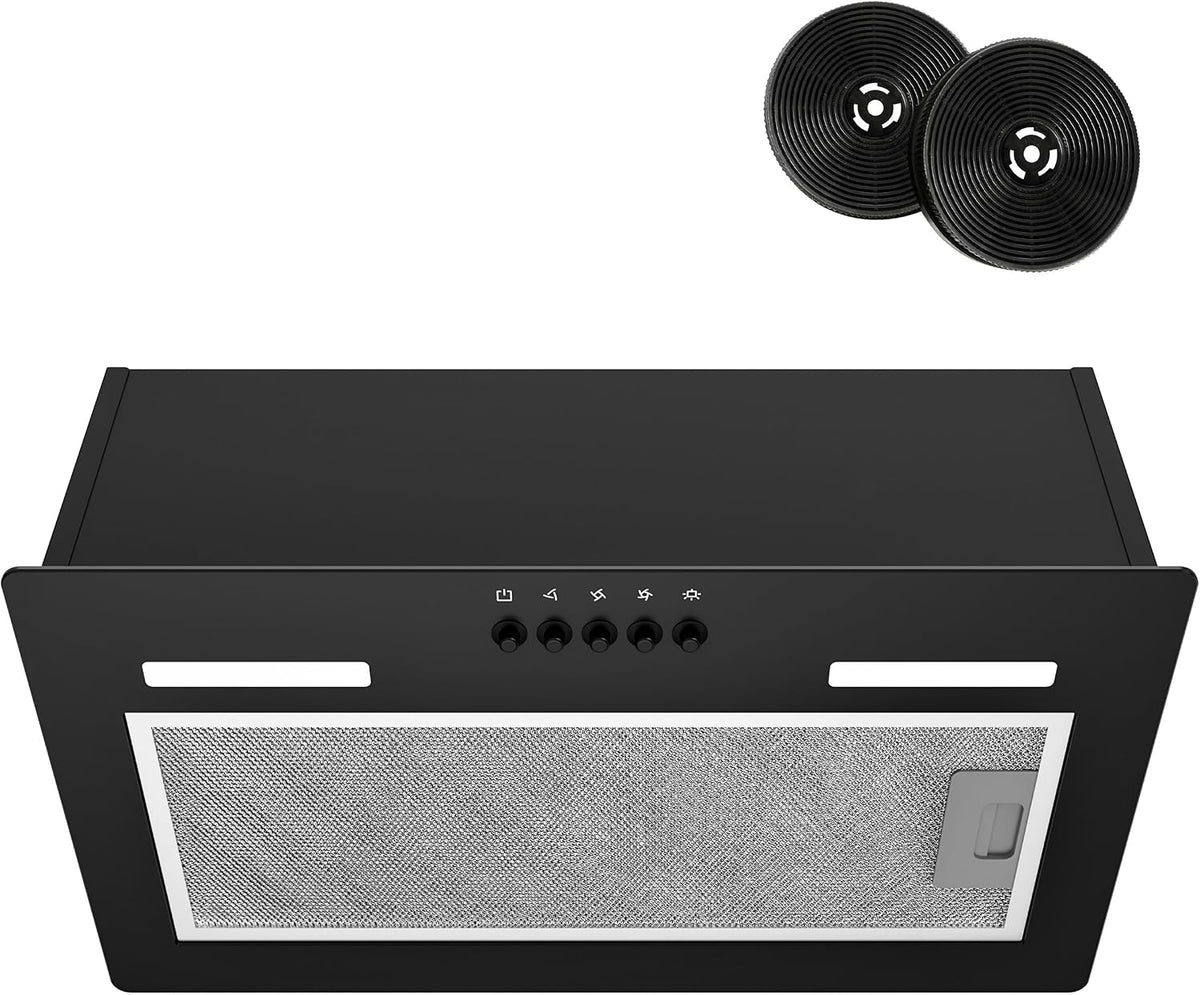 Campana extractora Incorporada 52 cm, Campana de Cocina Negra con 3 Niveles de Potencia, 350 m³/h, Modo de Circulación de Aire, Filtro de Aluminio y