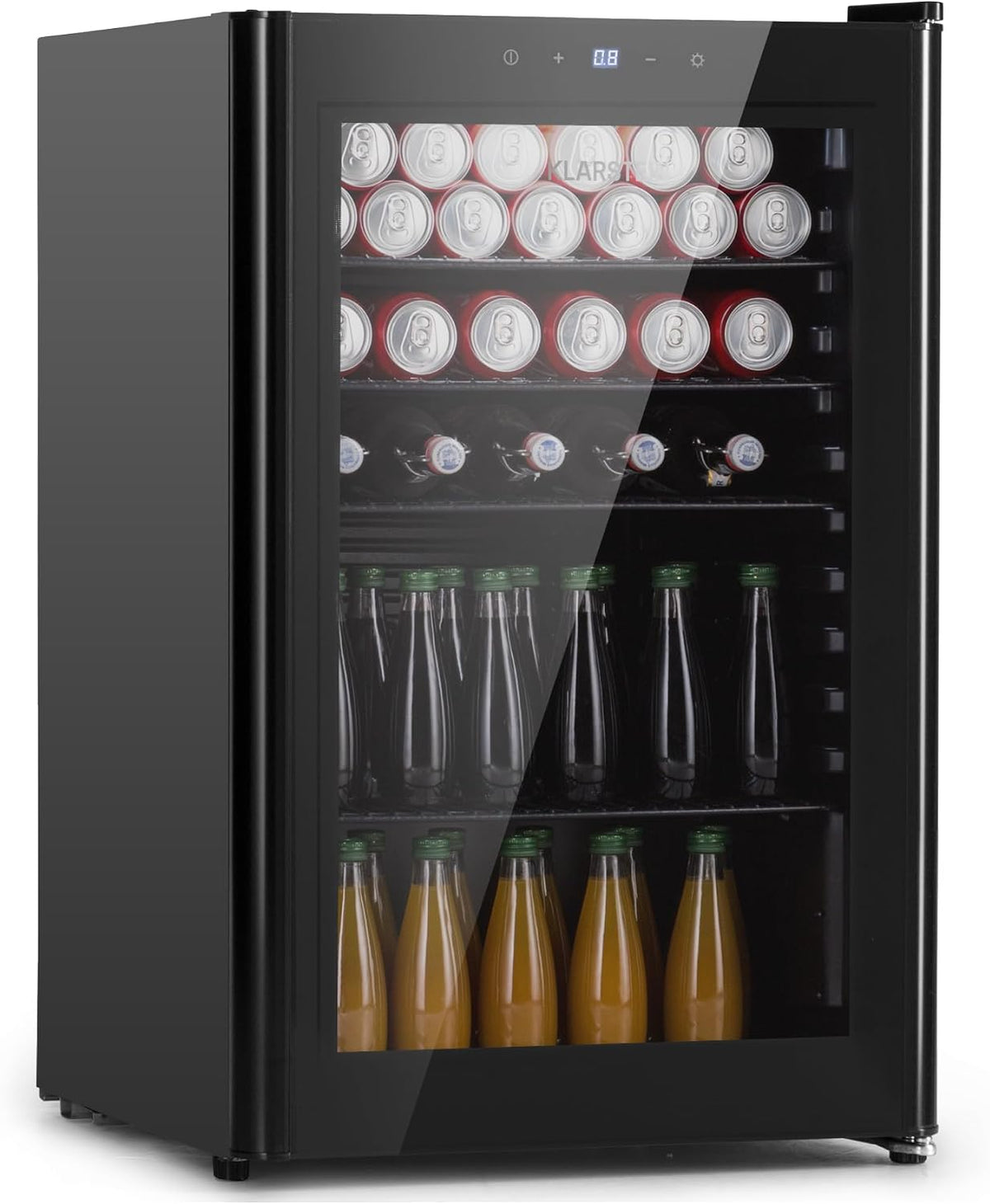 KLARSTEIN Mini frigorífico, Mininevera con puerta de cristal y led, mininevera para habitaciones, nevera pequeña para bebidas con 4 estantes