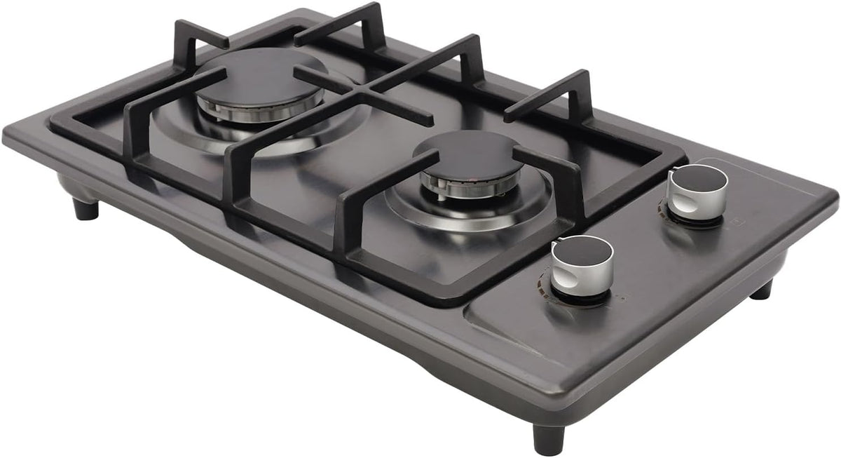 Placa de cocina Hornillo de gas para camping, estufa de gas, 2 fuegos, 3 KW + 1, 75 kW, doble quemador, compatible con LPG NG, mesa de acero